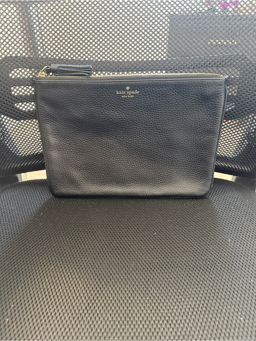 kate spade navy black pebbled leather toiletry pouch with gold logo